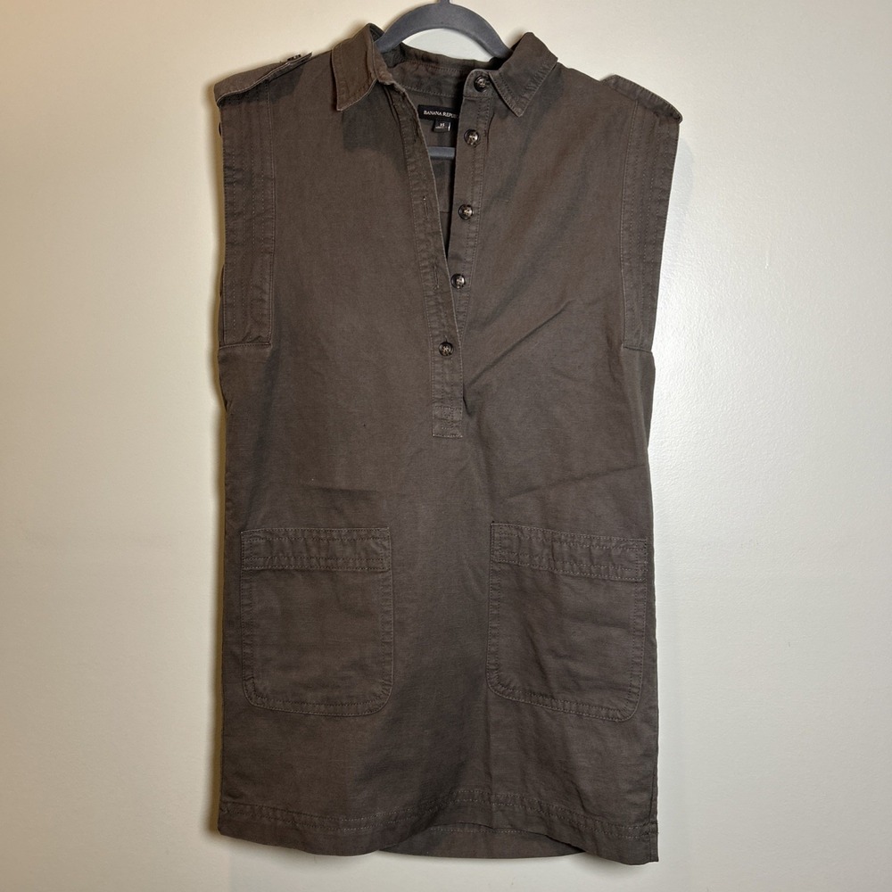 Linen Utility Dress Womens SMALL Green Shift Mini Olive Safari BANANA REPUBLIC
